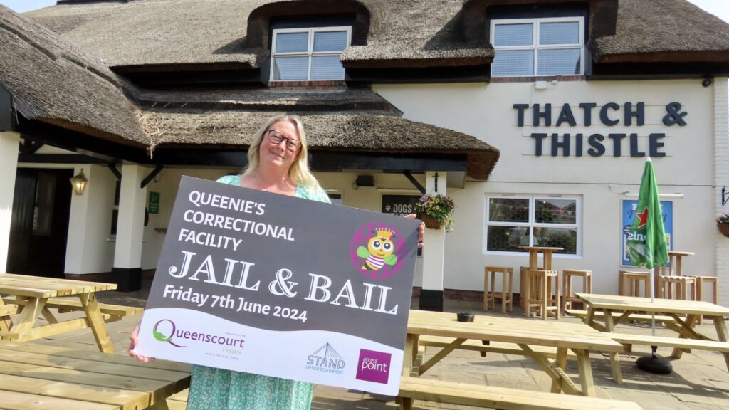 Suzanne Norris, licensee at the Thatch and Thistle pub in Southport, is taking part in the Jail and Bail fundraiser for Queenscourt Hospice.