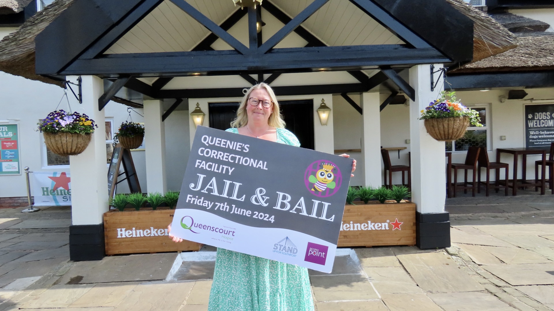 Suzanne Norris, licensee at the Thatch and Thistle pub in Southport, is taking part in the Jail and Bail fundraiser for Queenscourt Hospice. 