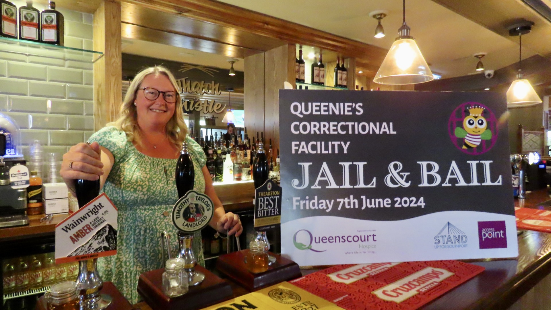 Suzanne Norris, licensee at the Thatch and Thistle pub in Southport, is taking part in the Jail and Bail fundraiser for Queenscourt Hospice.