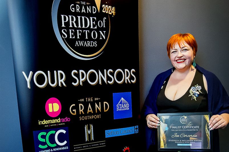 Jen Corcoran was a Finalist in the Diversity and Inclusion category at the 2024 Grand Pride Of Sefton Awards at The Grand Southport. Photo by Kevin Brown Photography
