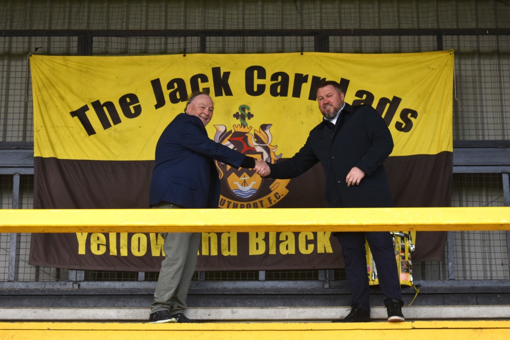 Southport FC has proudly unveiled Carroll Group as the official shirt sponsor for both the mens and womens first teams for the forthcoming 2024/25 season. Southport FC Chairman Peter Mitchell with Terry Carroll, Founder of Carroll Group