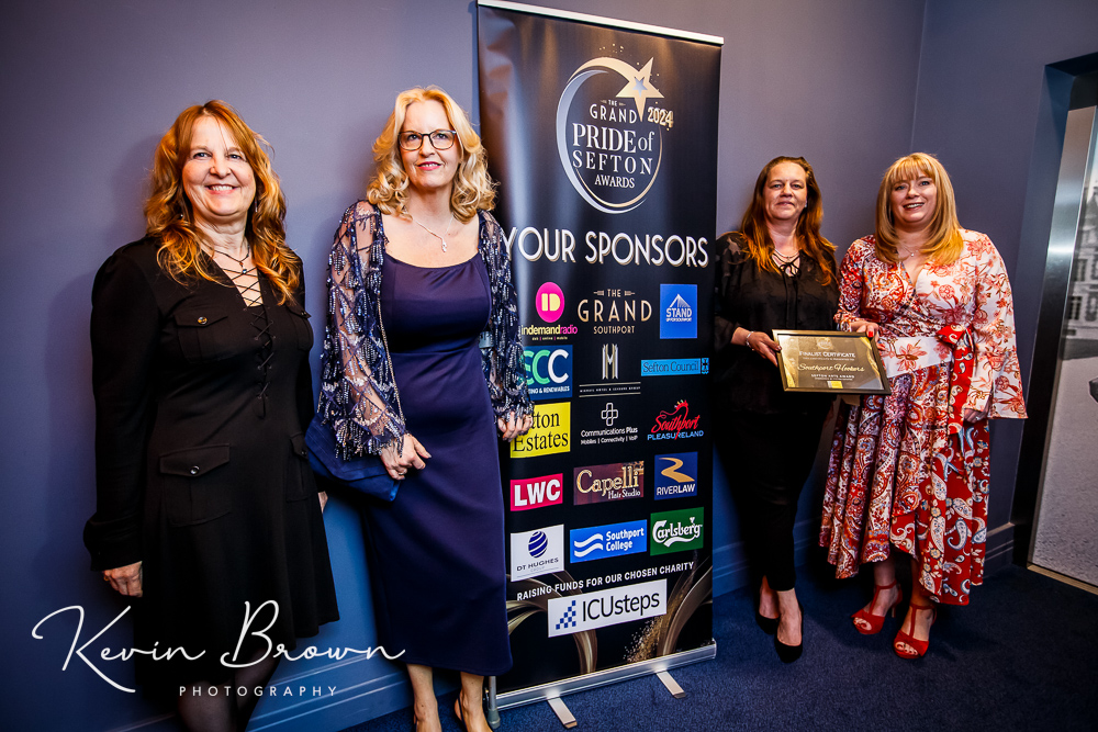 Southport Hookers were a Finalist in the Sefton Arts category at the 2024 Grand Pride Of Sefton Awards. Collecting the award were: Susan Rhodes, Andrea Navin, Dawn McGrath and Suzanne Goatcher. Photo by Kevin Brown Photography