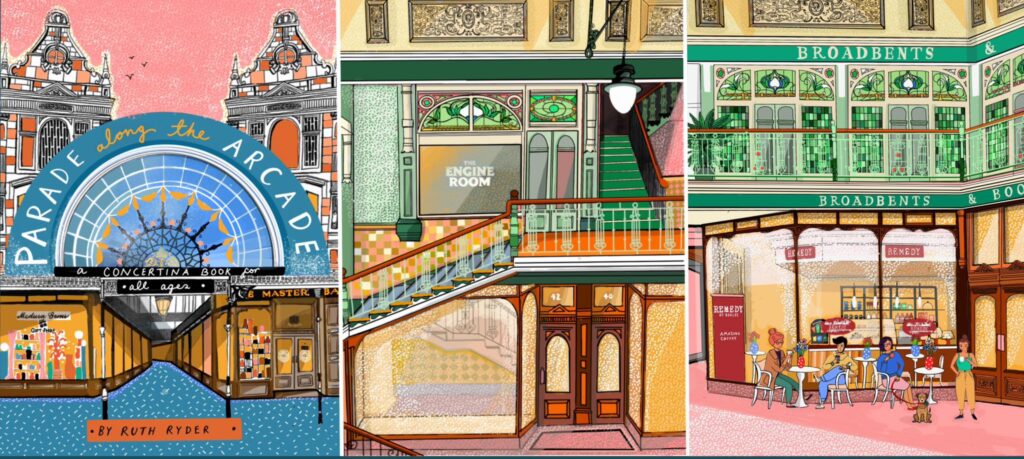Artist Ruth Ryder is creating stunning artwork of Wayfarers Shopping Arcade in Southport for a special book called Parade Along The Arcade for people of all ages