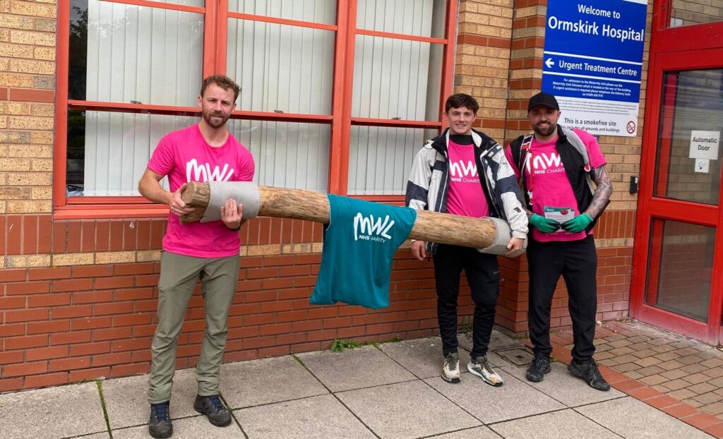Fundraisers Paul Growney, Brian Lightbody and Conor Heeney stop off at Ormskirk Hospital during their walk between Southport, Ormskirk, St Helens and Whiston hospitals on Saturday. Their efforts saw them raise more than £1,500 for Mersey and West Lancashire Teaching Hospitals NHS Charity