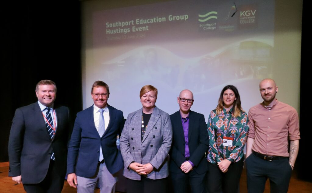 Southport Prospective Parliamentary Candidates enjoyed a hustings event at KGV Sixth College in Southport. Pictured (from left) are: Damien Moore; Andrew Lynn; Michelle Brabner; Patrick hurley; Erin Harvey; and Edwin Black. Photo by Andrew Brown Stand Up For Southport