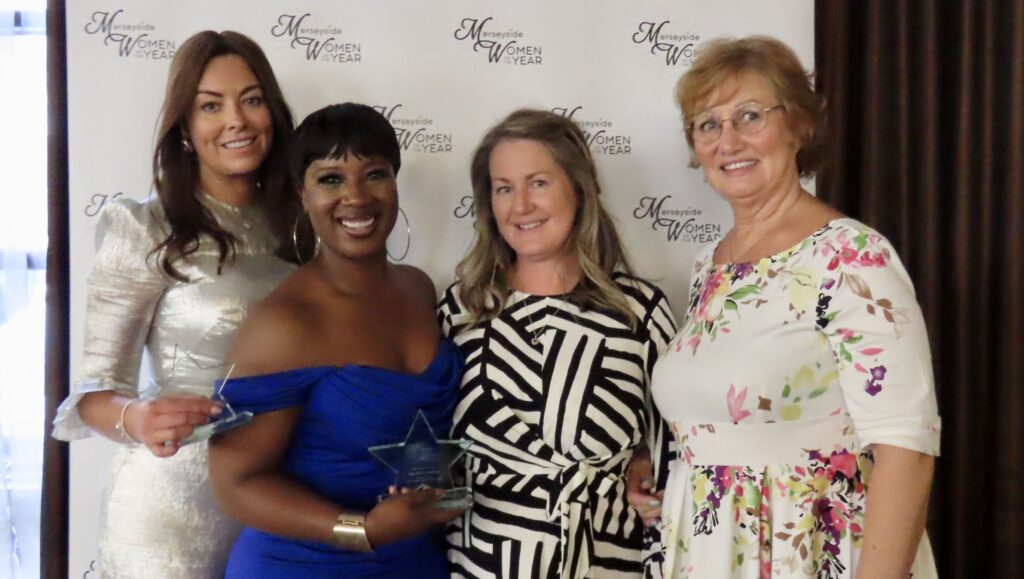 Merseyside Women Of The Year 2024. Business Leader Award Finalist Serena Silcock-Prince (left) with Fellowship Award was presented to Ngunan Adamu (left) and 2023 winners Heather Evans and Jane Russell