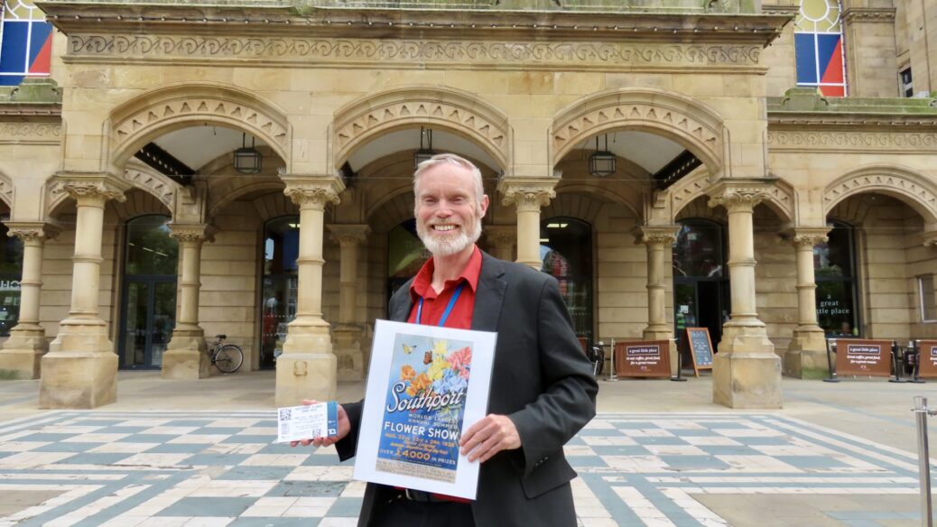 Mike Gregson, Centre Officer, The Atkinson, Southport, promotes tickets for Southport Flower Show, which are on sale at the venue.