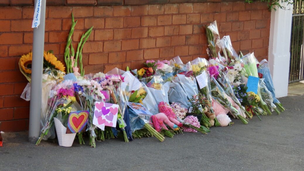 Tributes at the scene of the tragedy at Hart Street in Southport. Photo by Andrew Brown Stand Up For Southport