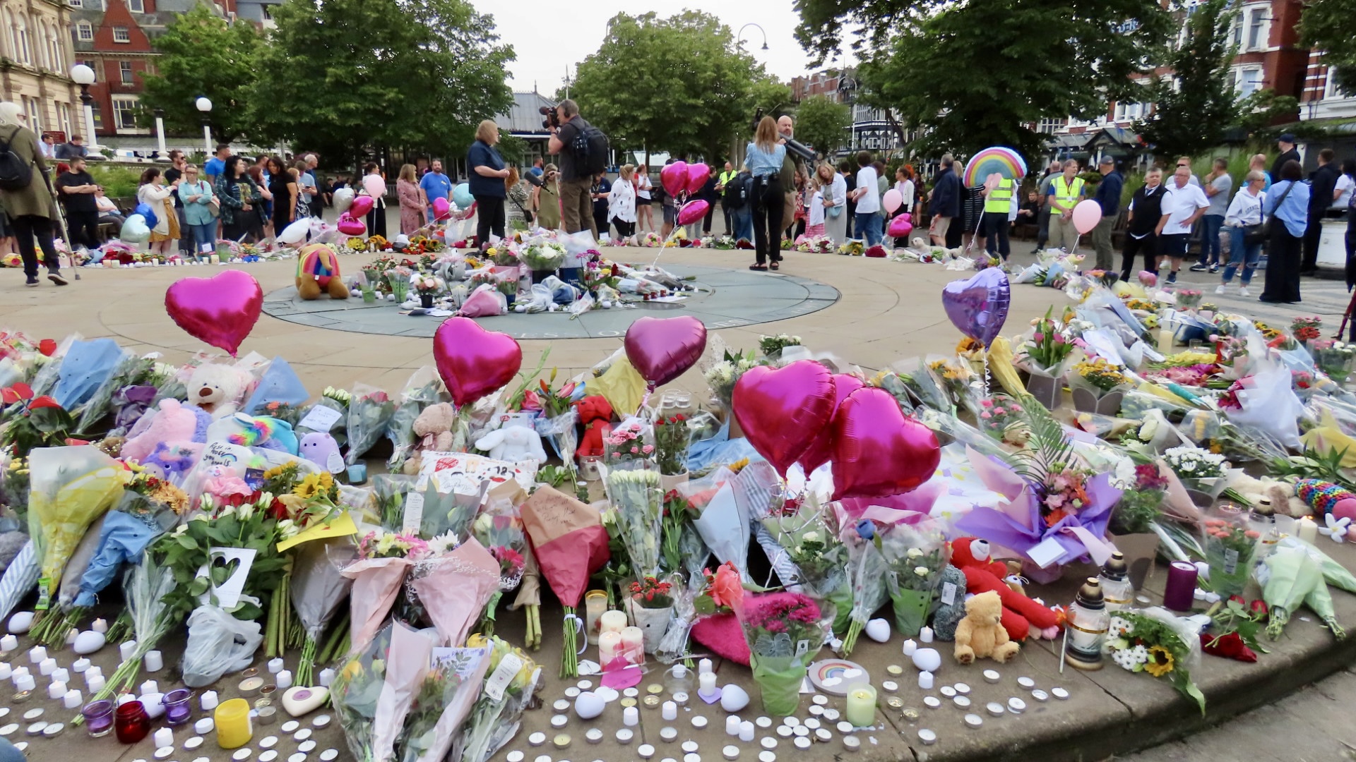 Tributes left to the victims of the Hart Street tragedy in Southport at the Town Hall Gardens in Southport. Photo by Amdrew Brown Stand Up For Southport