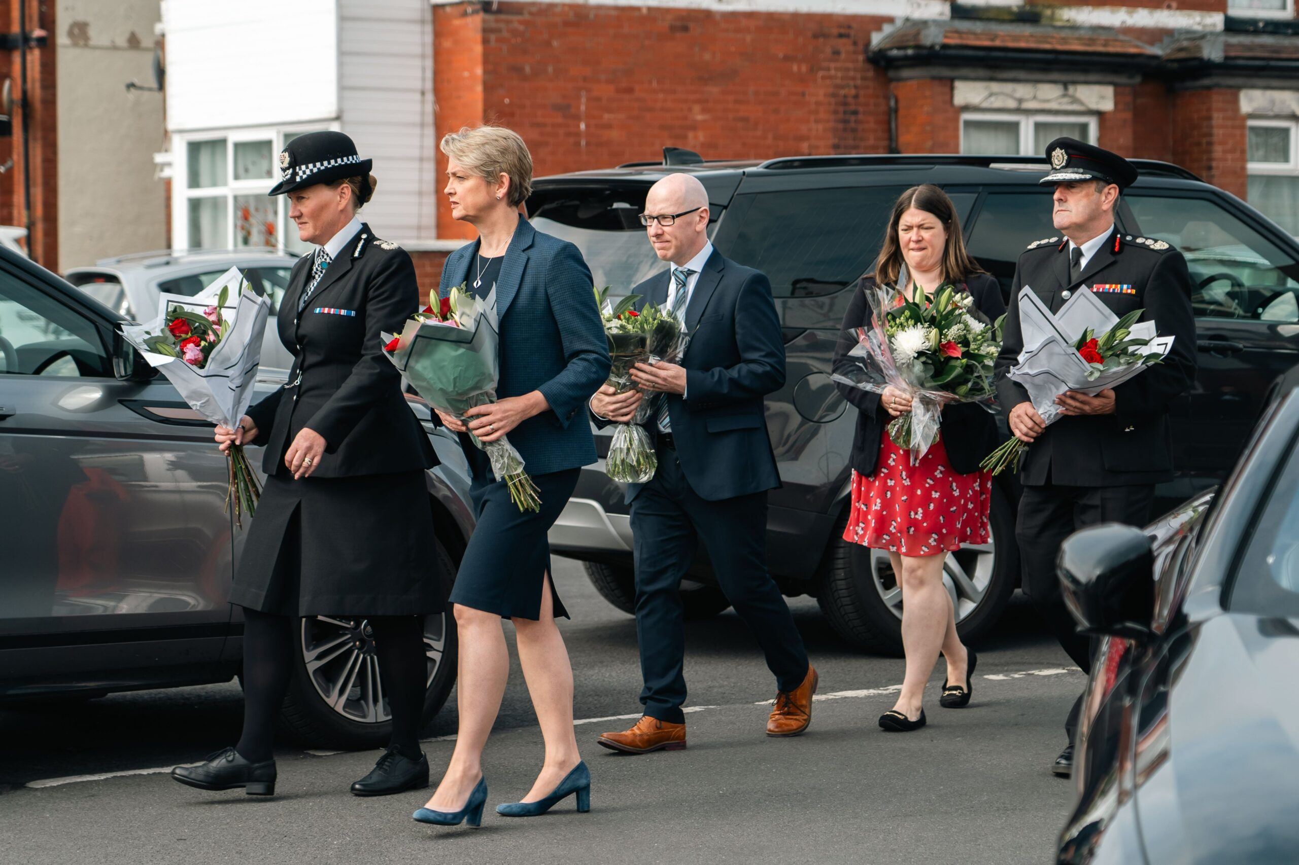 Southport MP Patrick Hurley (third left) and Home Secretary Yvette Coper (second left) were joined by Prime Minister Sir Keir Starmer on a visit to Southport. Photo by Merseyside Police