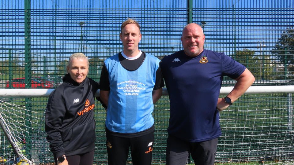 Southport Veterans FC staged a 24 hour walking football challenge to raise money for the three primary schools attended by the three young girls who were killed at The Hart Space in Southport on 29th July 2024. Players included Southport FC Sporting Director Tammy Burgess (left); Assistant Manager Andy Burgess (centre); and Manager Jim Bentley (right)Photo by Andrew Brown Stand Up For Southport