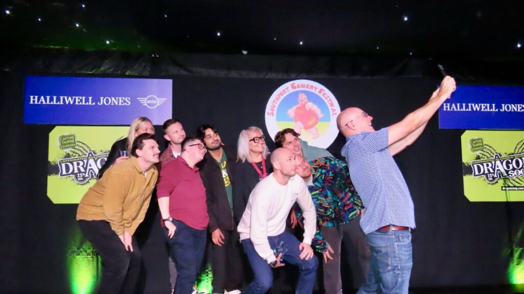 Southport New Comedian Of The Year winner Henry Michael and finalists wirh Festival Director Brendan Rile. Photo by Andrew Brown Stand Up For Siouthport