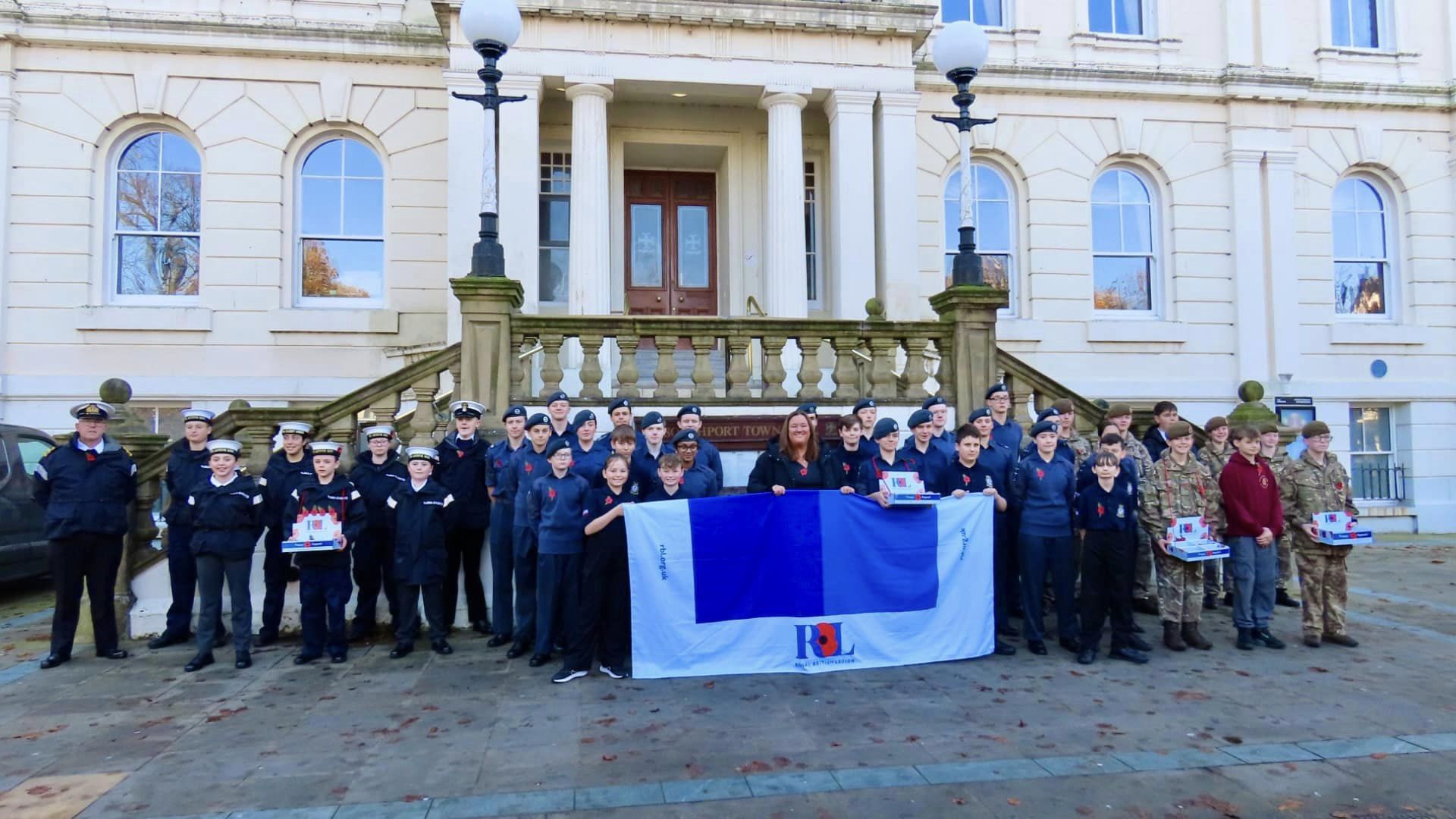 Sefton Council Leader Cllr Marion Atkinson, Southport Royal British Legion, veterans and cadets gathered for the launch of the 2024 Poppy Appeal at Southport Town Hall, which now has a giant poppy on the front of the building. Photo by Andrew Brown Stand Up For Southport