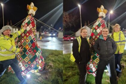 The knitted crochet Christmas tree on Roe Lane in Southport created by the Southport Hookers. Photo by the Southport Hookers