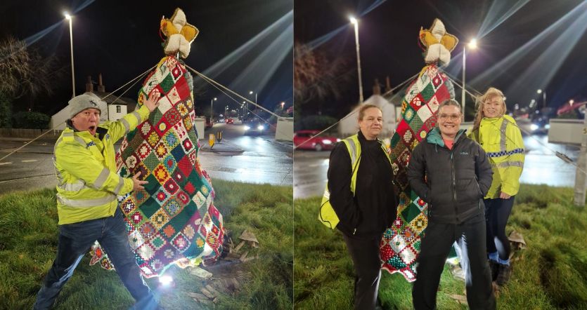 The knitted crochet Christmas tree on Roe Lane in Southport created by the Southport Hookers. Photo by the Southport Hookers