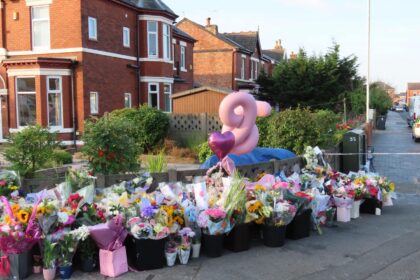 Tributes on Hart Street in Southport after the Soutport tragedy. Photo by Andrew Brown Stand Up For Southport