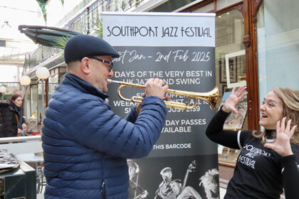 Southport Jazz Festival organisers Clifford Ray and Emma Holcroft at Wayfarers Arcade in Southport.