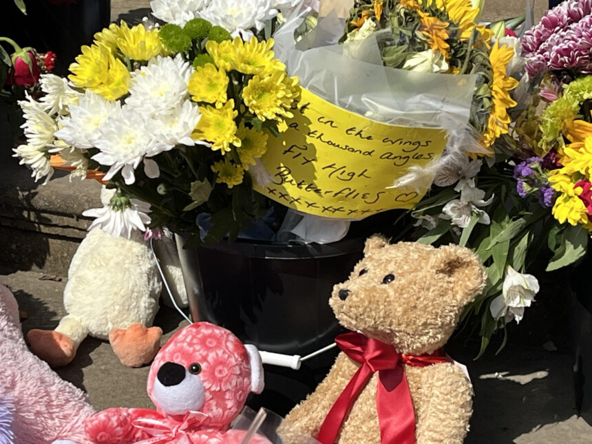 Tributes left in the Town Hall Gardens in Southport to the girls killed and injured in the tragedy at The Hart Space in Southport. Photo by Andrew Brown Stand Up For Southport