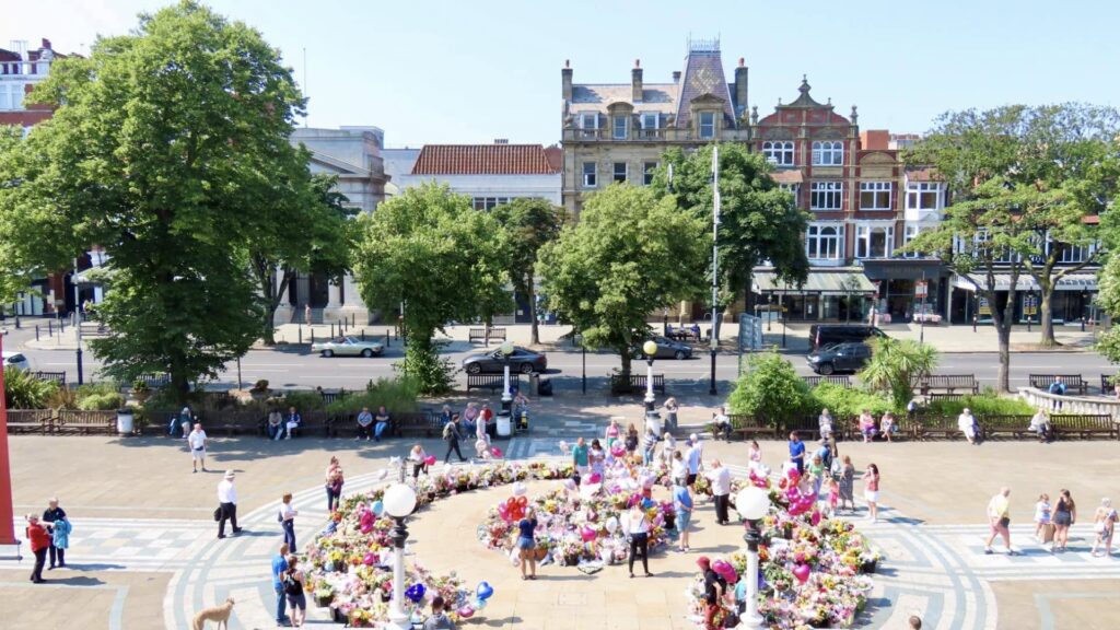 Tributes in the Town Hall Gardens in Southport after the Southport tragedy. Photo by Andrew Brown Stand Up For Southport
