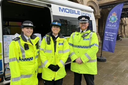 The Merseyside Police Mobile Police Station in front of The Atkinson in Southport. Sefton Police Inspector Paul Holden is pictured right. Photo by Andrew Brown Stand Up For Southport