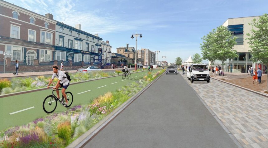 This picture shows what the changes might look like when viewed along the Promenade. There are plants and trees, a path for bikes, and parking spaces.