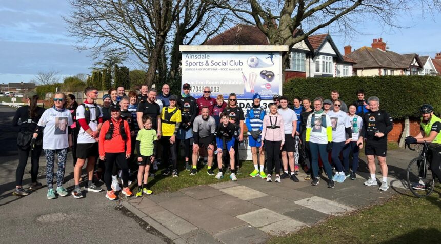 Alex Rigby at Ainsdale Sports and Social Club in Southport during his Running The Railways challenge of running past every Merseyrail train station. Photo by John Thompson