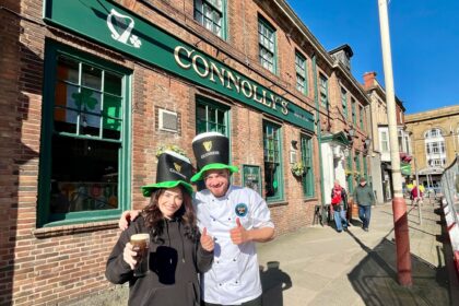 Stevie Cox and Harrison Brown outside Connolly's Irish pub on King Street in Southport. Photo by Andrew Brown Stand Up For Southport