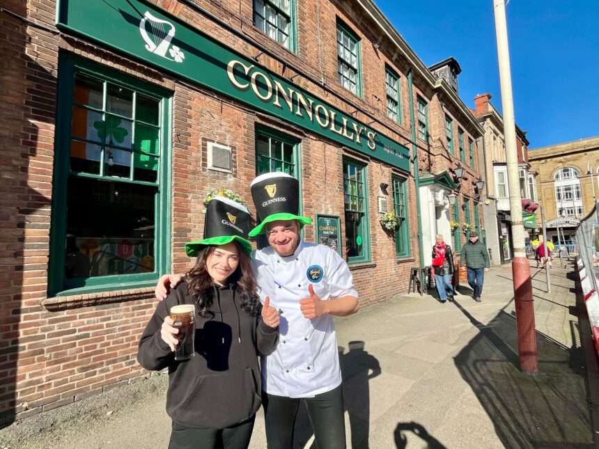 Stevie Cox and Harrison Brown outside Connolly's Irish pub on King Street in Southport. Photo by Andrew Brown Stand Up For Southport