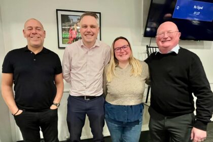 From left: Martin Thornton from Carbon Happy World; Darren Court from Southport Football Club; Rosalind Todman from Career Ally; and Chris Harding from Birkdale Insurance Company at the Sandgrounders Business Club networking event at Southport FC. Photo by Andrew Brown Stand Up For Southport