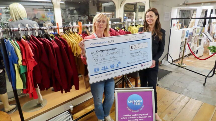 The Uniform Hub has opened in a new unit in Southport town centre. It did so with a £200 from local mum Serena Silcock-Prince to the Hub through founder Nicola Alcock and Richard Owens the CEO of Compassion Acts. Photo by Andrew Brown Stand Up For Southport