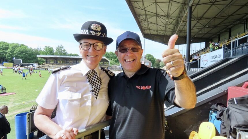 The Emergency Services Fun Day held at Southport Football Club. Merseyside Police Chief Constable Serena Kennedy and event compere Brendan Riley