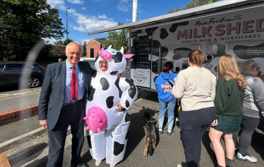 SPAR Roe Lane - Ian Hall, Chairman of James Hall & Co. with Rebecca Peggs, G&E Murgatroyd Compliance Manager at the Milk Shed