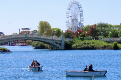 A scenic photo of families enjoying boat rides on the Marine Lake in Southport