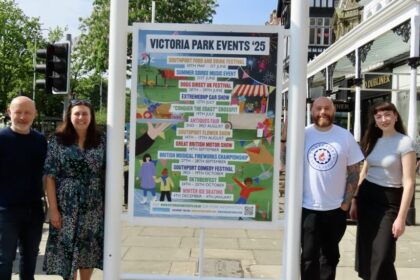 New posters and banners have been created in Southport town centre to promote events taking place at Victoria Park in Southport this year including Southport Flower Show, Southport Food and Drink Festival and Southport Comedy Festival. Pictured are (from left): Alan Adams (Southport Flower Show and Victoria Park Events): Lisa French (Show and Victoria Park Events); Liam Jackson (graphic designer); and Emmy Oranges (artist). Photo by Andrew Brown Stand Up For Southport