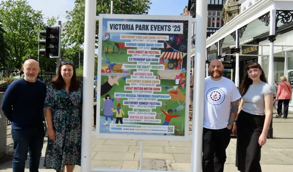 New posters and banners have been created in Southport town centre to promote events taking place at Victoria Park in Southport this year including Southport Flower Show, Southport Food and Drink Festival and Southport Comedy Festival. Pictured are (from left): Alan Adams (Southport Flower Show and Victoria Park Events): Lisa French (Show and Victoria Park Events); Liam Jackson (graphic designer); and Emmy Oranges (artist). Photo by Andrew Brown Stand Up For Southport