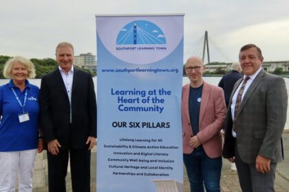 The Southport Learning Town launch was held at West Lancs Yacht Club. From left: Christine Haworth (Southport U3A); Alan potter (Southport Learning Town); Patrick Hurley (Southport MP); and Shaun Hindle (KGV College)
