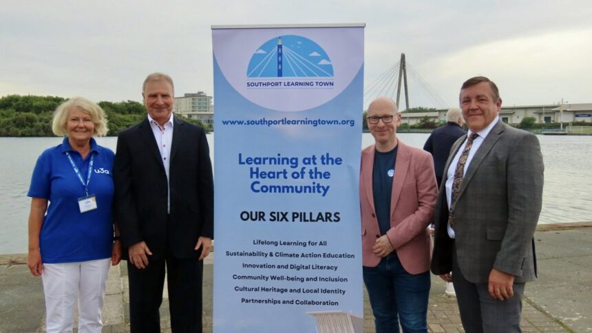 The Southport Learning Town launch was held at West Lancs Yacht Club. From left: Christine Haworth (Southport U3A); Alan potter (Southport Learning Town); Patrick Hurley (Southport MP); and Shaun Hindle (KGV College)