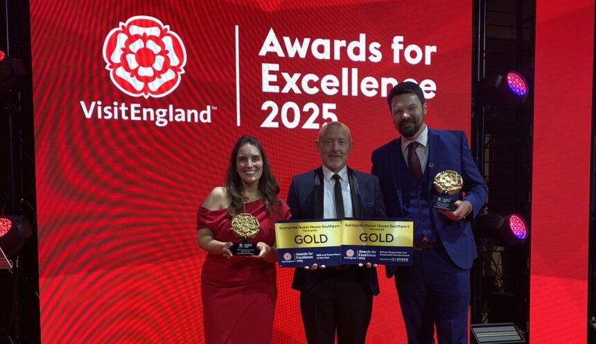 Sunnyside Guest House in Southport has struck Gold - twice - after being named double winners at the annual VisitEngland Awards for Excellence 2025. Owners Anthony and Larissa Duiffey are pictured with Southport Flower Show General manager Alan Aadms