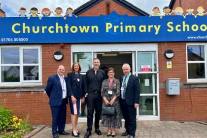 David Walliams paid a special visit to Churchtown Primary School in Southport, where Deputy lord Lieutenant of Merseyside Julie Lawson BEM awarded them with the Sefton School Of The Year Award sponsored by Southport College from the Grand Pride Of Sefton Awards