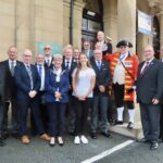 Southport MP Patrick Hurley; Mayor of Sefton Cllr June Burns; Southport Town Crier Kevin Ruane MBE; and festival organisers Heather Cook and others enjoy a Southport Heritage Open Days event at the Masonic Hall in Southport. Photo by Andrew Brown Stand Up For Southport