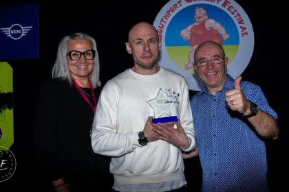 Southport Comedy Festival New Comedian Of The Year Winner Henry Michael with Bren Riley and Isabelle Kent. Photo by MAF Photography