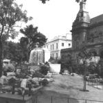 The Town Hall Gardens on Lord Street in Southport, around 1973. In the picture are the old concrete fountain; Southport Arts Centre; and Southport Town Hall. Photo by Stand Up For Southport