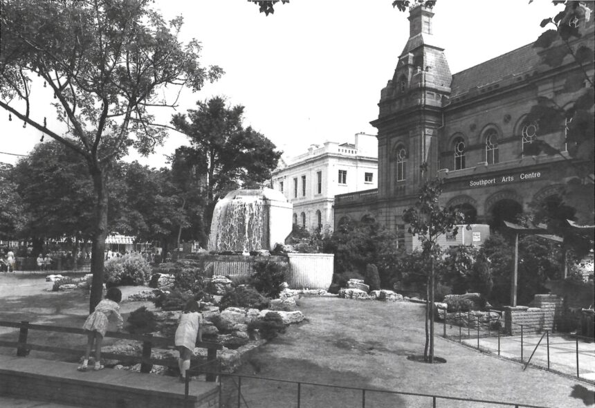 The Town Hall Gardens on Lord Street in Southport, around 1973. In the picture are the old concrete fountain; Southport Arts Centre; and Southport Town Hall. Photo by Stand Up For Southport