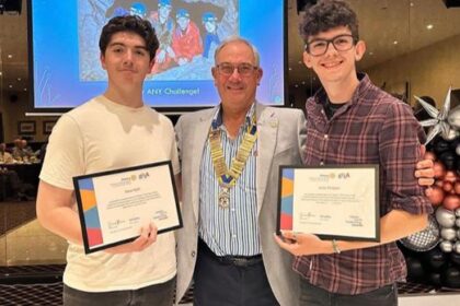 Southport College engineering students Rowan Ryder (left) and Bailey Thompson (right) with Club President Rtn. Nick Philpott