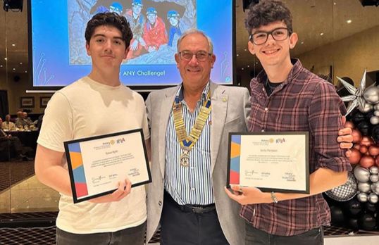 Southport College engineering students Rowan Ryder (left) and Bailey Thompson (right) with Club President Rtn. Nick Philpott