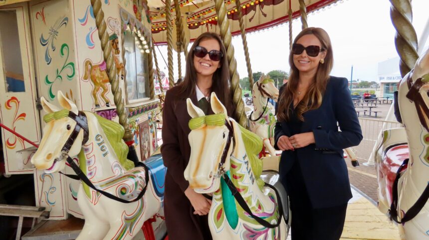 Kelly Foran from BBC North West Tonight and Silcock Leisure Group Operations Manager Serena Silcock-Prince at Silcock's Carousel, at an interview about the award of up to £20 million funding to restore and reopen Southport Pier. Photo by Andrew Brown Stand Up For Southport
