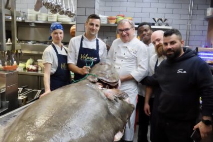 The team at Volare restaurant in Southport with their giant halibut. Photo by Andrew Brown Stand Up For Southport