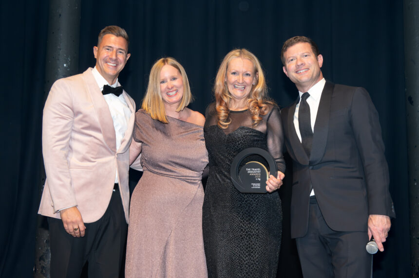 The Travel Industry Awards by TTG 2025. Cruise Expert Of The Year, Matt Roclawksi, TTG, Nicola McNeish, Celebrity Cruise, Gilllian Williams, Travel Village Group and Dermot O'Leary. Photography by Steve Dunlop www.stevedunlop.com