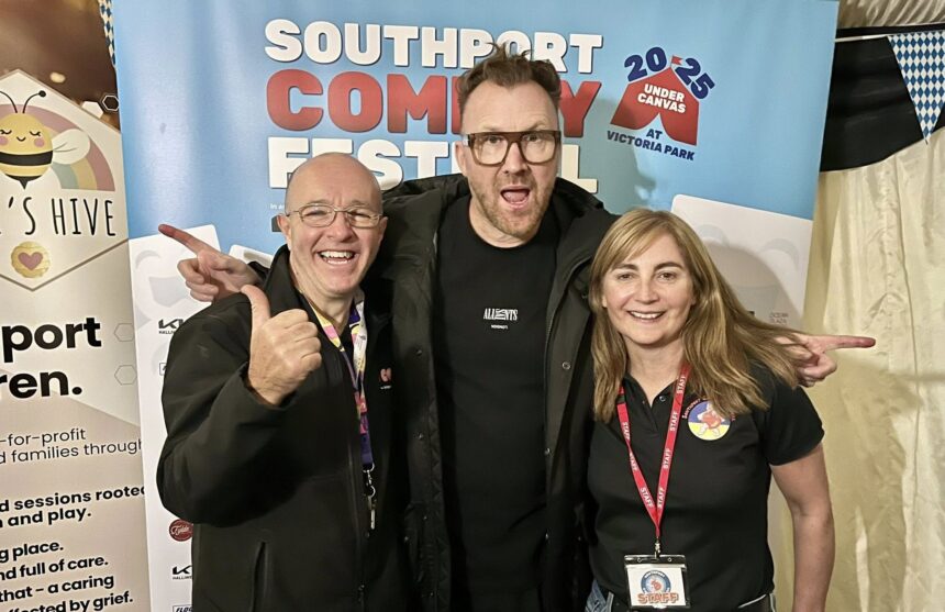 Jason Byrne (centre) at Southport Comedy Festival 2025 at Victoria Park in Southport with festival directors Brendan Riley (left) and Val Brady (right). Photo by Andrew Brown Stand Up For Southport