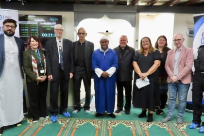 Guests enjoy the Open Day hosted by Southport Islamic Society Mosque. Pictured are (from left: Nadeem Ashfaq (Light Foundation); Southport Hospital Chaplain Jan Fraser; Lord Lieutenant of Merseyside Mark Blundell; Southport and District Reform Synagogue Chair Dr Selwyn Goldthorpe; Imam Ibrahim Hussein; Holy Family Church Parish Priest Father Kevin McLoughlin; Sefton Council Leader Cllr Marion Atkinson; Merseyside Police and Crime Commissioner Emily Spurrell; Southport MP Patrick Hurley; and Merseyside Police Head of Local Policing Natalie Perischine. Photo by Andrew Brown Stand Up For Southport